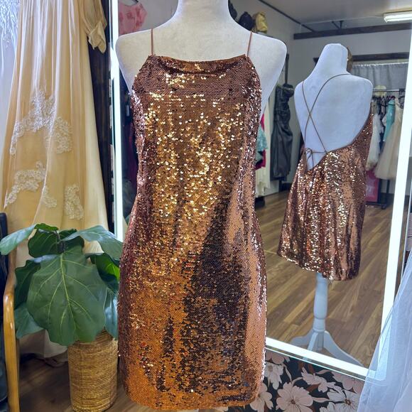 Y2K Vintage Bronze Sequin Mini Swing Dress XS S Holiday Cocktail clubwear NYE - Picture 4 of 8